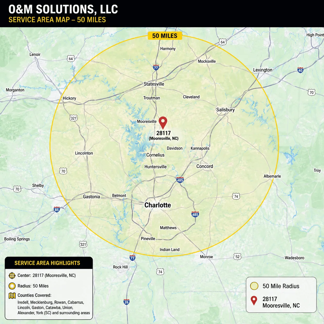 Service area map — 50-mile radius around 28117